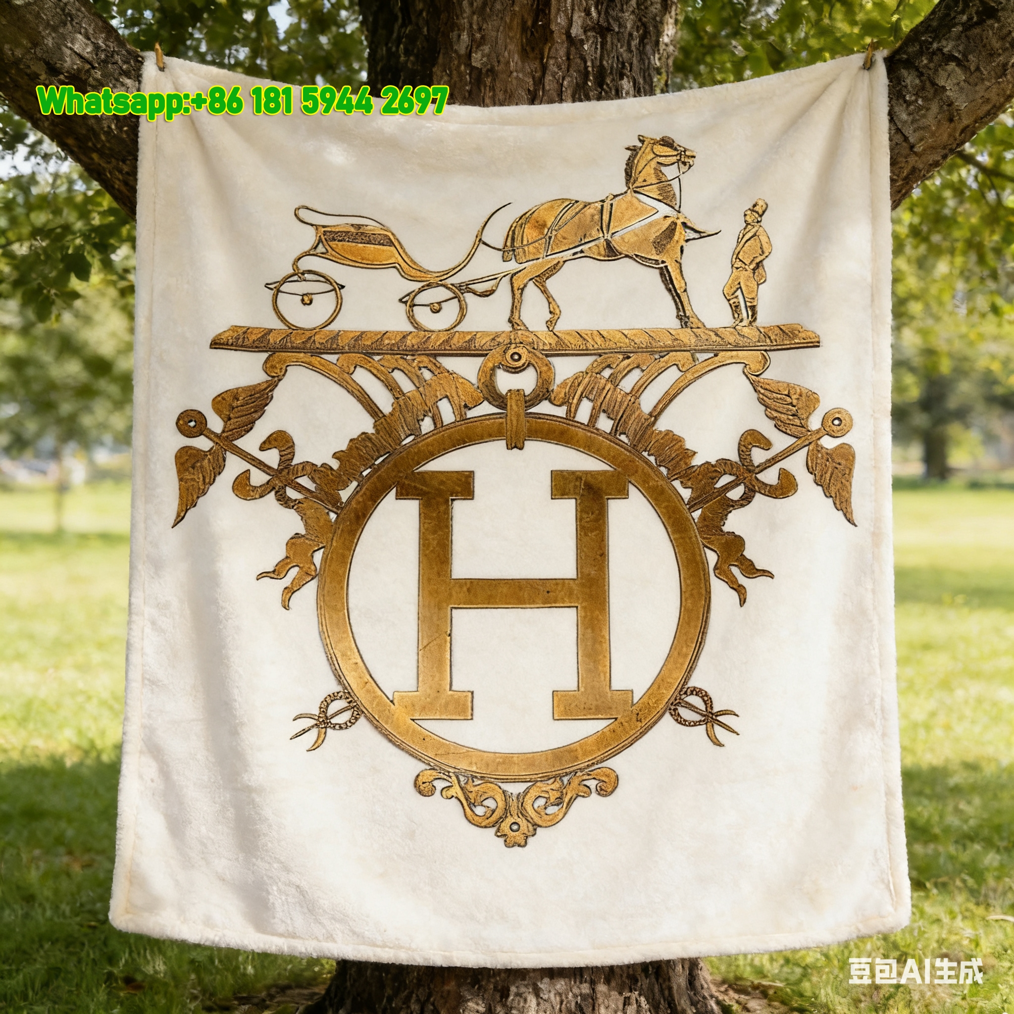 Hermès Gold Antique H Crest Flannel Fleece Throw Blanket IMG_4957